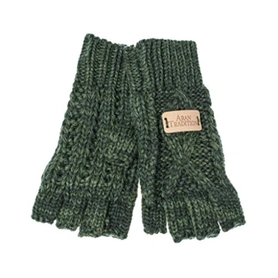 Image of Aran Traditions Cable Knit Fingerless Gloves (Dark Green)