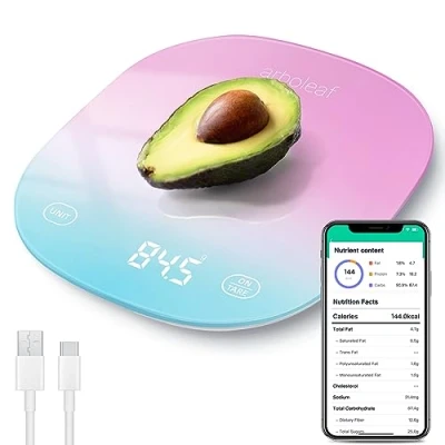 Image of arboleaf Digital Kitchen Scales, Scales Rechargeable, Weighing Kitchen, with Bluetooth App, LED Display, Tare Function, 10kg/22lb, 0.5g/0.1oz increments, Pink