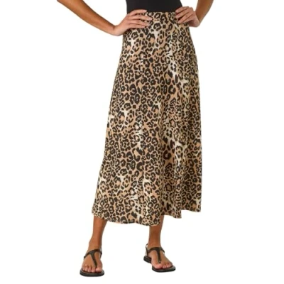 Image of Roman Originals Jersey Skirt for Women UK Ladies Midi Maxi Ditsy Floral Summer Spring Holiday Swing Shape Vacation Smart Casual Work Cocktail Party Going Out Leopard Tan Size 16