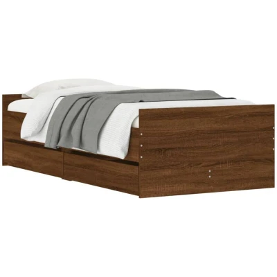 Image of vidaXL Brown Oak Bedstead with Storage Drawers Engineered Wood Single Bed Frame, 90x200 cm Mattress Size, Bedroom Furniture Organizational Space