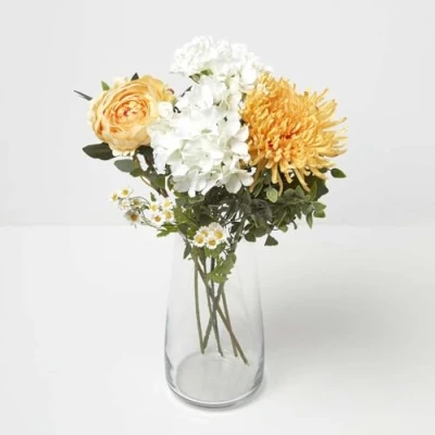 Image of HOMESCAPES Artificial Peonies &amp; Daisies Yellow White 65 cm, Realistic Flower Bouquet in Paper, for Vase