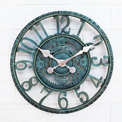 Image of Taodyans Outdoor Wall Clock 12 in Outside Waterproof Garden Quartz Battery Operated Round Clocks Retro Home Kitchen Living Room Decor Not Silent (Turquoise)