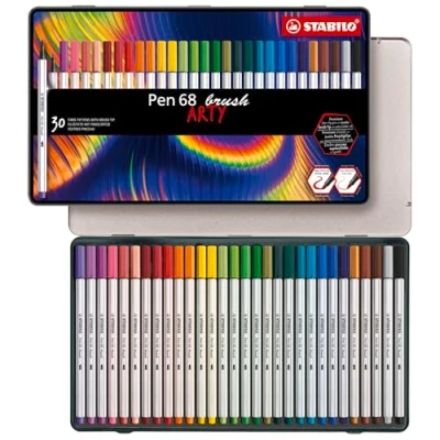 Image of Premium Fibre Tip Pen with brush STABILO 68 ARTY Tin of 30 Assorted Colours