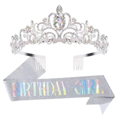 Image of DRESHOW Birthday Crown and Sash for Women Girl &amp; Rhinestone Tiara Set Decorations Hair Accessories Glitter Party