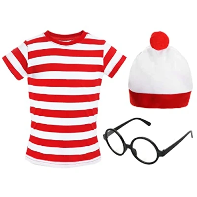 Image of Kids &#039;Find Me&#039; Book Character Costume Medium Short Sleeve Red &amp; White Stripe Top + Bobble Hat Black Nerd Glasses Fancy Dress Set for World Day