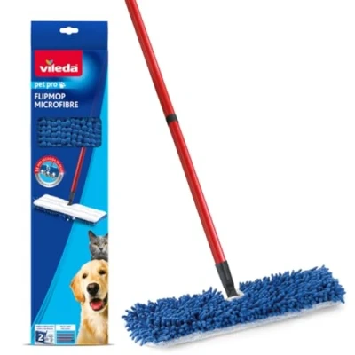 Image of Vileda PetPro Microfibre Flip Mop,Captures up to 3x more pet hair, 2 sided mop pad for versatile cleaning, Suitable dry and wet Ergonomic shape reaches corners, Machine washable head