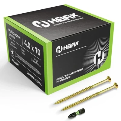 Image of Heifix Multi Purpose Wood Screws Box Pozi Double Countersunk (QTY 200, 4mm x 70mm) FREE Screw Bit Included