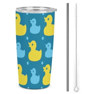 Image of Yellow Rubber Ducks Reusable Insulated Coffee Cup Travel Mug Double Wall Tumbler with Lid And Straw
