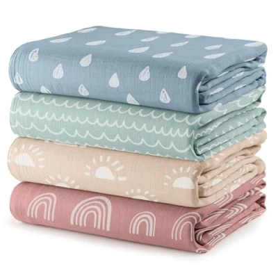 Image of Comfy Cubs Muslin Baby Blanket for Newborn, Swaddle Blanket, Neutral Receiving Boys and Girls (Sun, Rainbow, Rain, Doodle)