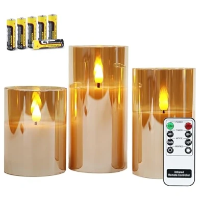 Image of Rhytsing Gold Glass Battery Operated Candles with Remote, Flameless LED Candle Gift Set, Warm White Light, Batteries Included Set of 3