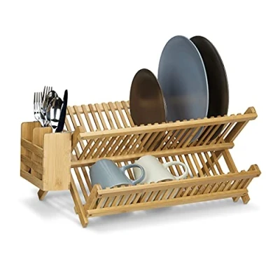 Image of Relaxdays Cross Dish Drainer with Cutlery Basket, Total Size: 24 x 46 28 cm Bamboo Rack Wooden Dryer Foldable Folding For Large Plates and Cups W/Silverware Holder, Natural Brown