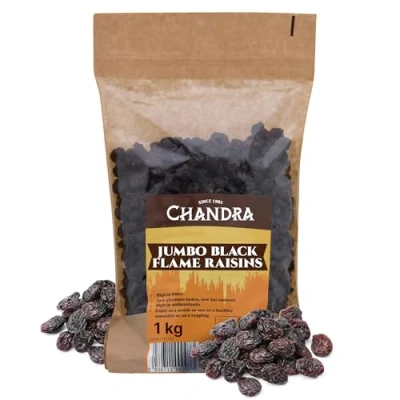 Image of Chandra Whole Foods Jumbo Black Raisins 1KG Low GI for Snacking, Smoothies, Baking &amp; Cooking Gluten Free Vegan Friendly Dried Grapes, Rich in Potassium Antioxidants Fibre