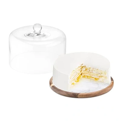 Image of Navaris Marble &amp; Acacia Cake Stand With Dome Glass And Plate, 11&quot; x 7.5&quot; (28 19.3cm)