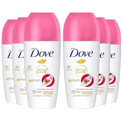Image of Dove Deodorant Roll On Advance Care Go Fresh Pomegranate Scent 72H Odour Protection Anti Transpirant and Perspirant for Women with Triple Moisturising Technology 50ml, 6 Pack