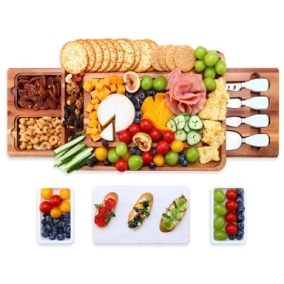 Image of hecef Acacia Wood Cheese Board Set, Platter with 2 Slide Out Drawers&amp; Cutlery Set&amp; Snack Plates&amp; Marble Slate, Charcuterie for Serving (White)