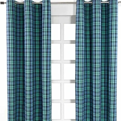 Image of HOMESCAPES Pair of 100% Cotton Curtains Black Watch Tartan Check Green Blue 137 x Drop 182 cm 72 Inch Eyelet Ring Top Hand Woven Heavy Not Lined