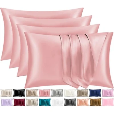 Image of Pamposh Satin Silk Pillowcases For Hair And Skin 4 Pack Standard Size with Envelope Closure (4 Pcs (50 x 75 cm), Coral)