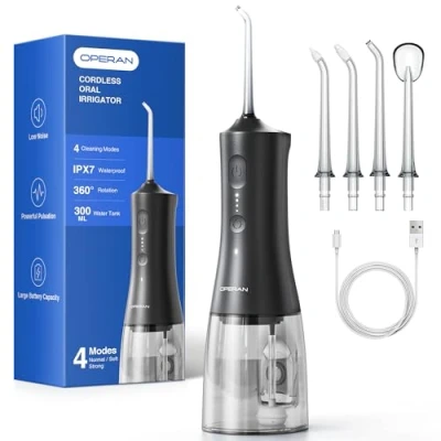 Image of Operan Water Flossers for Teeth Cordless, 300ML Oral Irrigator Rechargeable Electric Flosser with 4 Modes Jet Tips IPX7 Waterproof Dental Home Travel (Black, 1Pack)