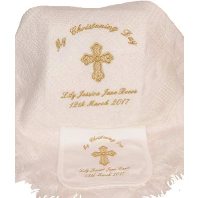Image of Baby’s Personalised Christening/Baptism/Naming Day Guardian Cross Shawl &amp; Bib Set (Gold)