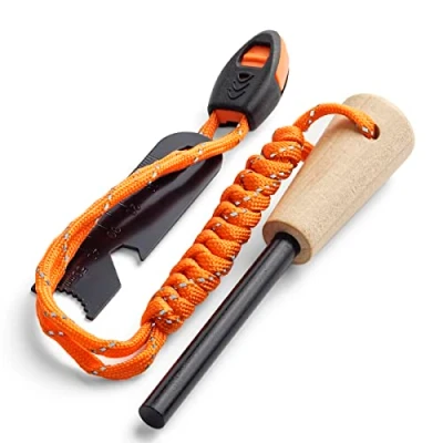 Image of WallEgo Flint and Steel Kit, Magnesium Survival Wooden Handle Firesteel Fire Starter, Striker Multi Tool Outdoor Emergency for Travelling Camping Hiking