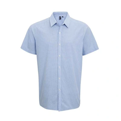 Image of Premier Mens Gingham Cotton Short Sleeved Shirt (Light Blue/White) Blue &amp; White Size X Large