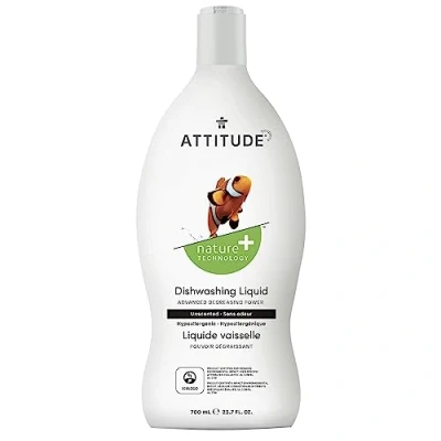 Image of ATTITUDE Washing Up Liquid, EWG Verified, Vegan Dish Soap, Plant Based, Naturally Derived Products, Unscented, 700 mL