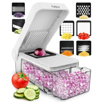 Image of Vegetable Chopper Cutter Mandoline Slicer Veggie Onion Salad Food Manual Potato Chipper Veg and Dicer Kitchen Tools &amp; Gadgets (7 in 1 Compact White)