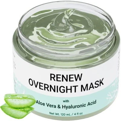 Image of Renew Overnight Sleeping Facial Mask by Doppeltree with Aloe Vera Gel &amp; Hyaluronic Acid Anti Aging Hydrating Face for Sunburn Relief, Skin Care Repair Formulated in San Francisco