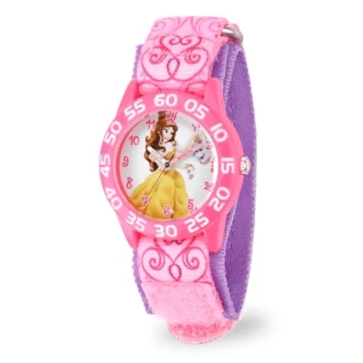 Image of Disney Princess Kids&#039; Plastic Time Teacher Analog Quartz Nylon Strap Watch, Pink Multi Purple, Belle