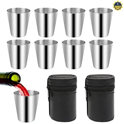 Image of LuluDa 8 PCS Stainless Steel Shot Cups 30ml Metal Glasses Portable Schnapps Cup Mini Camping Wine Drinking Mug with 2 Black Leather Case for Hiking Picnic Travel