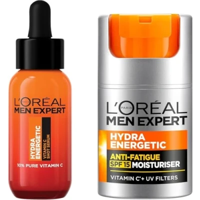 Image of L’Oréal Paris Men Expert Anti fatigue Duo Gift Set for Men, Vitamin C Shot Serum 30ml and Moisturiser With SPF 50ml, Hydra Energetic C*, Dull Dry Skin