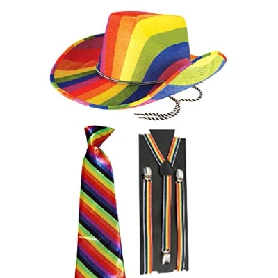 Image of labreeze Adults Rainbow Cowboy Felt Hat Striped Neck Tie Braces Gay Pride Fancy Dress Set