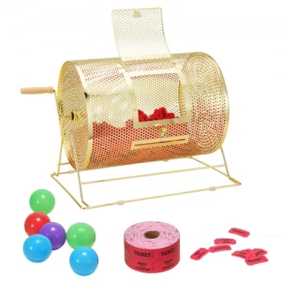 Image of VEVOR Raffle Drum, 16.1 x Ø12 inch Brass Plated Ticket Spinning Cage, Holds 5000 Tickets or 200 Ping Pong Balls, Metal Lottery Drawing with Wooden Turning Handle, for Bingo Ballot Part