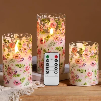 Image of Eywamage Floral Glass Flameless Candles with Remote, Flickering Battery Powered LED D 3&quot; H 4&quot; 5&quot; 6&quot;