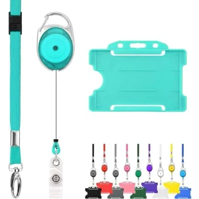 Image of Pack of 10 Retractable Lanyard and Badge Holder Trio Triple by LanyardsTomorrow Set Includes Plain Lanyards, Extendable Carabiner Yoyo Reel Clips Rigid ID Card Holders (Turquoise)