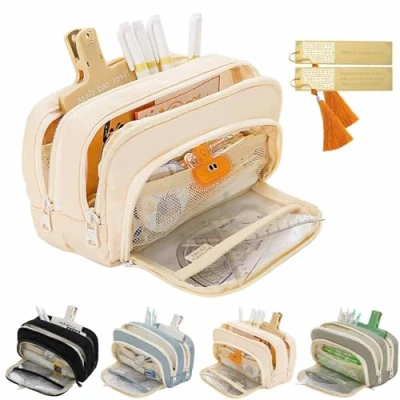 Image of CLOUDEMO Big Capacity Pencil Case, 3 Compartments Simple Storage Aesthetic Large Pouch, Kawaii Case Organizer for Women and Girls (Beige)