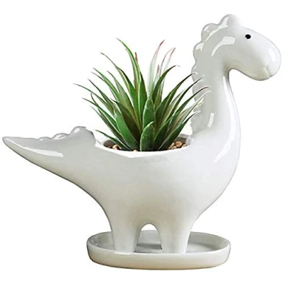Image of KiaoTime Dinosaur Shape White Ceramic Succulent Planters Pots little Planter flower Bonsai Plant Dino Vase Container Cactus Desktop Animal Decoration Pencil Holder Nursery (Herbivore)