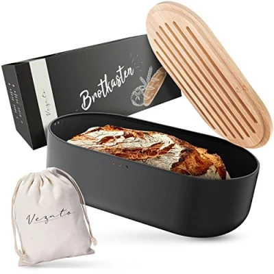 Image of Vezato Bread Box Sustainable Bin for Long Freshness thanks to Special Paint Extra Large Basket with Bamboo Lid &amp; Chopping Board Including Bag White, (VZ005)