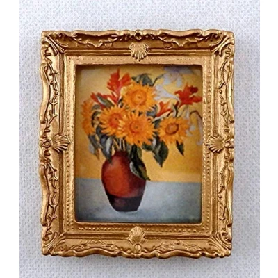 Image of Melody Jane Dolls House Vase of Sunflowers Picture Painting Gold Frame Miniature Accessory