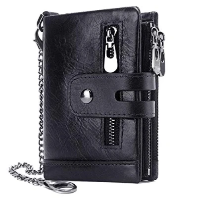 Image of REETEE Mens Wallet RFID Blocking Men&#039;s Genuine Leather and Zipper Coin Pocket Bifold Purse with Chain 16 Credit Card Holder Gents Wallets Slim (Black)