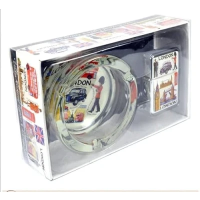 Image of VapourOn London Scene Wind Resistant Cigarette Lighter and Glass Ashtray Souvenir Gift Set