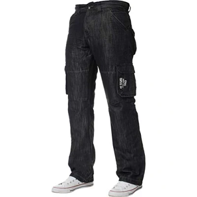 Image of ENZO Mens Designer Cargo Combat Denim Jeans Pants All Waist Size Black Wash 42 W X30L