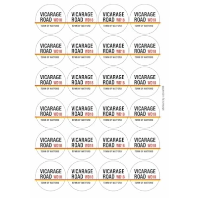 Image of Vicarage Road Town of Watford WD18 Sign Circular Matt Paper Stickers A4 Sheet 24 (Each Sticker is 45mm Diameter)