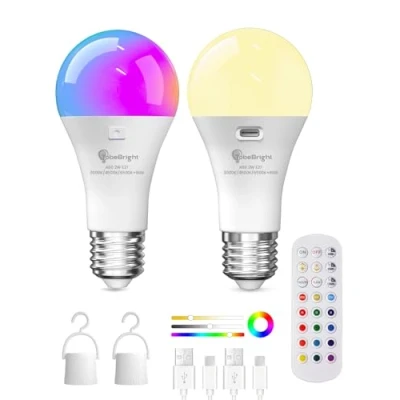Image of TobeBright E27 Rechargeable Light Bulb with Remote Control,Battery Bulb,RGB Color Changing &amp; 3 Temperature,Dimmable Timer Function for Wireless Table Lamps, Bedside Lamp,2 Pack