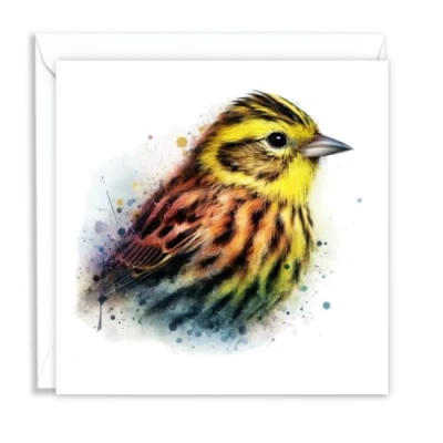 Image of British Yellowhammer Wild Birds Watercolour Splash Effect Artistic Blank Greeting Card
