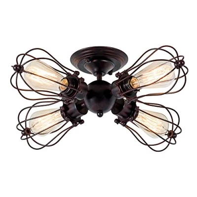 Image of Luling Vintage Ceiling Light Industrial, Chandeliers E27 Socket Metal Wire Cage Lamp Semi Flush Mount Rustic Fixtures (No Bulb) (with 4 Light) (Rust)