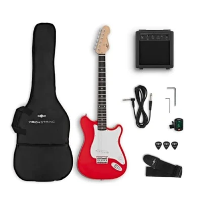 Image of Full Size Electric Guitar Kit Starter Pack with Amp for Beginners VISIONSTRING, Red
