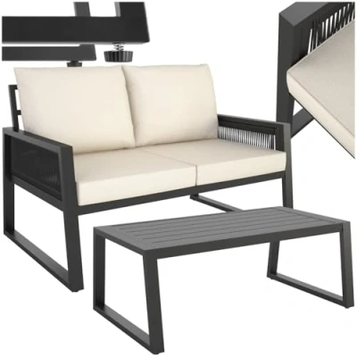 Image of TecTake® Garden Furniture Set in Modern Corded Design, Incl. 2 Seater Sofa &amp; Coffee Table with Durable Aluminium Frames, Thick Cushions Adjustable Feet, Outdoor for Patio