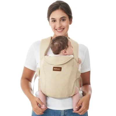 Image of Momcozy Newborn Carrier WeeSnug Lightweight and Cozy Comfort for 7 25 lbs, Ergonomic Cross Back Support, Effortless to Put On, Hands Free Baby with Lumbar Khaki
