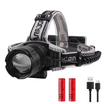Image of Head Torch USB Rechargeable, 90000 Lumens XHP70 Headlamp Torches LED Super Bright Zoomable Headlight Digital Power Display 4 Modes Waterproof Red &amp; Blue Warn Light for Climbing, Fishing, Camping